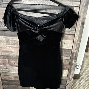 Express keyhole off the shoulder out on velvet dress